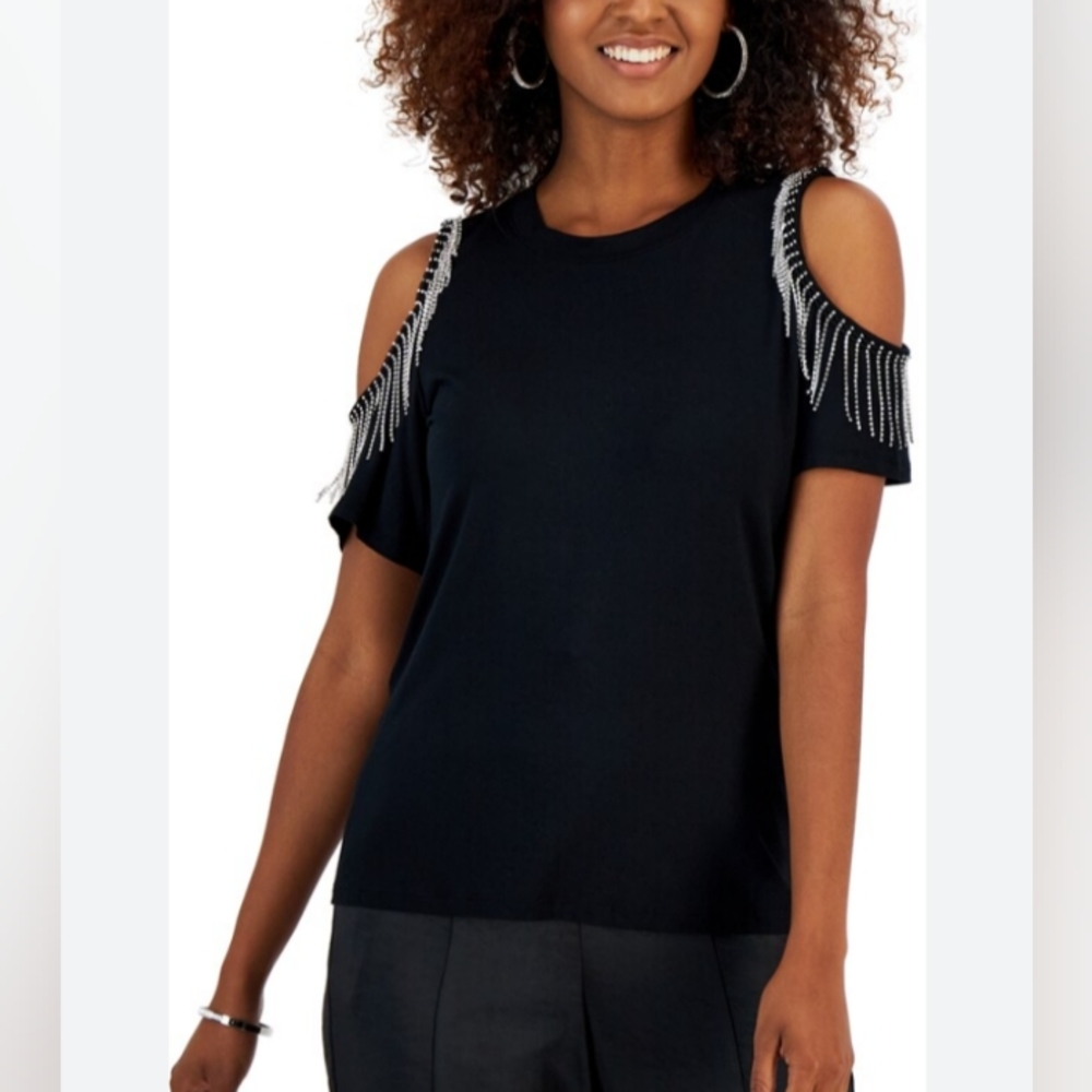 INC International Concepts RED Cold Shoulder Chain Embellished Detailing TShirt